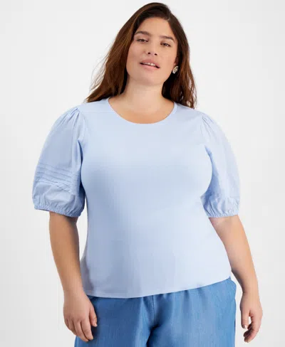 On 34th Trendy Plus Size Puff-sleeve Knit Top, Created For Macy's In Frozen Blue