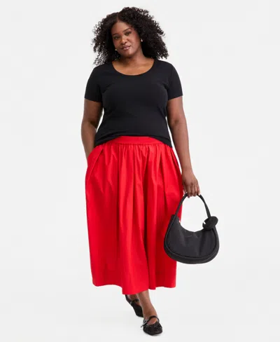 On 34th Trendy Plus Size Pull-on Cotton Midi Circle Skirt, Macy's Exclusive In Red