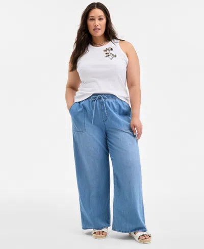 ON 34TH TRENDY PLUS SIZE PULL-ON UTILITY WIDE-LEG JEANS, EXCLUSIVELY AT MACY'S