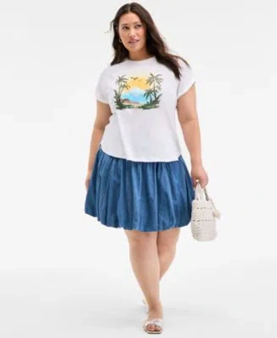 On 34th Trendy Plus Size Raglan Seam Palm Print T Shirt Denim Bubble Hem Mini Skirt Exclusively At Macys