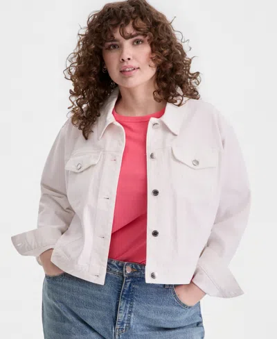 On 34th Trendy Plus Size Relaxed Cropped Trucker Jacket, Macy's Exclusive In Bright White Wash