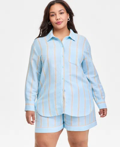 On 34th Trendy Plus Size Relaxed Linen-blend Shirt, Macy's Exclusive In Blue