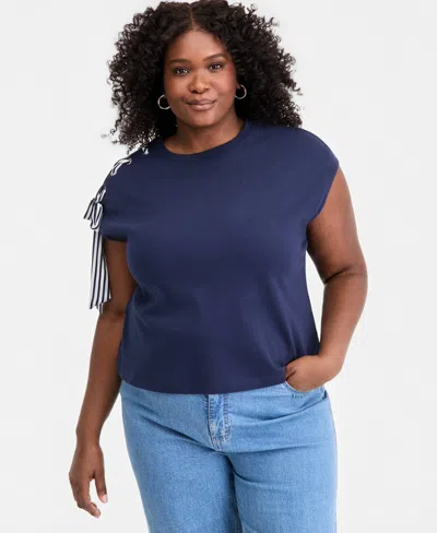 On 34th Trendy Plus Size Ribbon-trim Crewneck Cotton Top, Macy's Exclusive In Blue