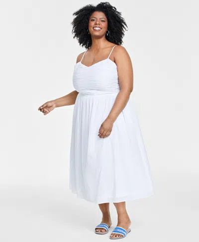 On 34th Trendy Plus Size Ruched Corset Midi Dress, Created For Macy's In Bright White