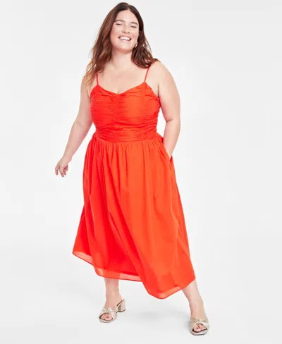 On 34th Trendy Plus Size Ruched Corset Midi Dress, Created For Macy's In Rave Red Combo