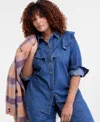 On 34th Trendy Plus Size Ruffle-front Long-sleeve Denim Shirt, Macy's Exclusive