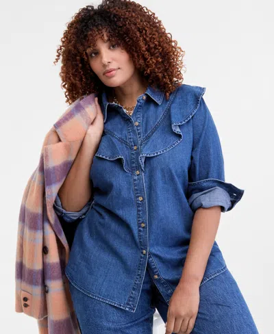 On 34th Trendy Plus Size Ruffle-front Long-sleeve Denim Shirt, Macy's Exclusive In Blue
