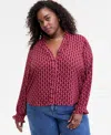 On 34th Trendy Plus Size Ruffle-trim Split-neck Blouse, Macy's Exclusive In Burgundy