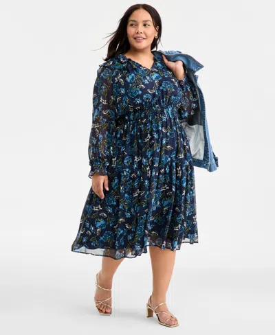 On 34th Trendy Plus Size Ruffled-collar Midi Dress, Macy's Exclusive In Blue