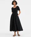On 34th Trendy Plus Size Scoop-neck Mixed-media Midi Dress, Exclusively At Macy's In Deep Black