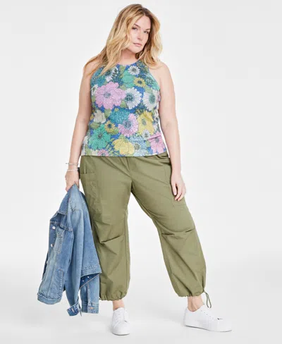 On 34th Trendy Plus Size Sequined Floral Print Tank Top Drawstring Hem Utility Pants Created For Macys In Regatta Cmb
