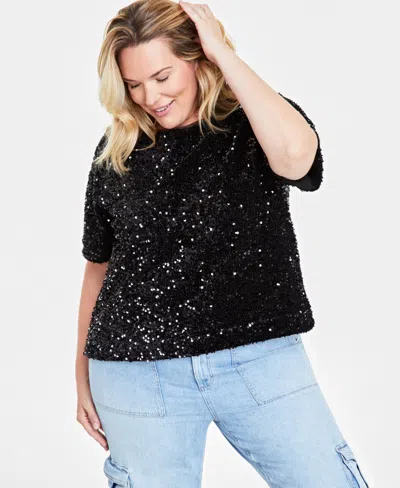 On 34th Trendy Plus Size Sequined Velvet Top, Exclusively At Macy's In Deep Black