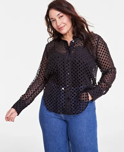 On 34th Trendy Plus Size Sheer Dot-print Shirt, Exclusively At Macy's In Deep Black