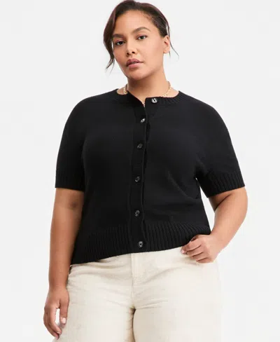 On 34th Trendy Plus Size Short-sleeve Button-front Cardigan, Macy's Exclusive In Black