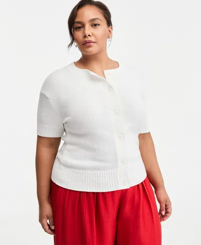 On 34th Trendy Plus Size Short-sleeve Button-front Cardigan, Macy's Exclusive In Transparent