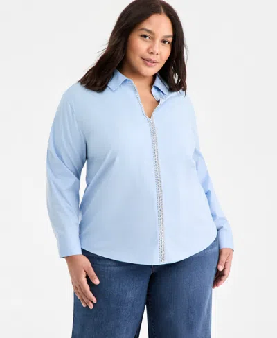 On 34th Trendy Plus Size Solid Embellished Popover Top, Macy's Exclusive In Blue