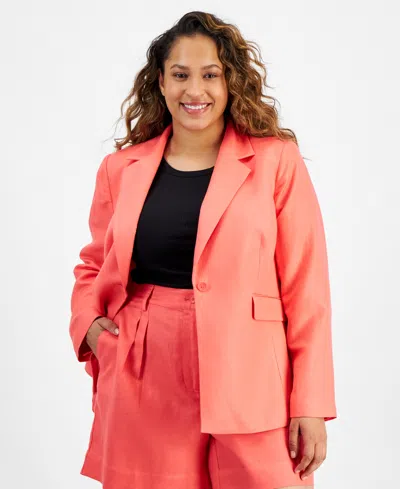 On 34th Trendy Plus Size Solid Linen Single-breasted Woven Blazer, Created For Macy's In Peony Coral