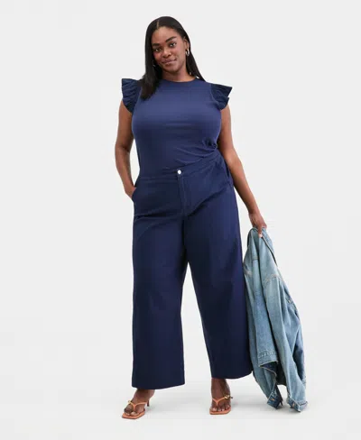 On 34th Trendy Plus Size Stretchy-waist Wide-leg Pants, Macy's Exclusive In Blue