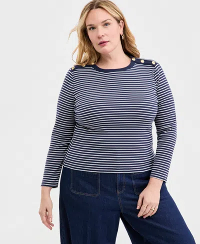 On 34th Trendy Plus Size Striped Button-shoulder Long-sleeve T-shirt, Macy's Exclusive In Multi