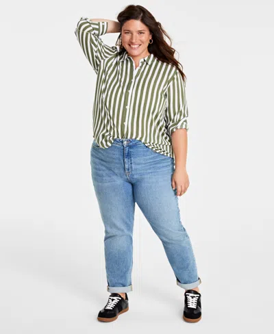 On 34th Trendy Plus Size Striped Button-up Shirt, Created For Macy's In Olivine Cmb