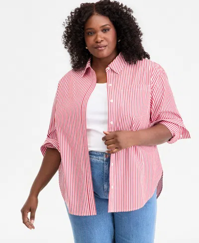 On 34th Trendy Plus Size Striped Cotton Button-front Shirt, Macy's Exclusive In Red