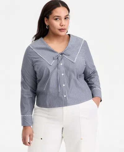 On 34th Trendy Plus Size Striped Cotton Button-front Shirt, Macy's Exclusive In Blue White Combo