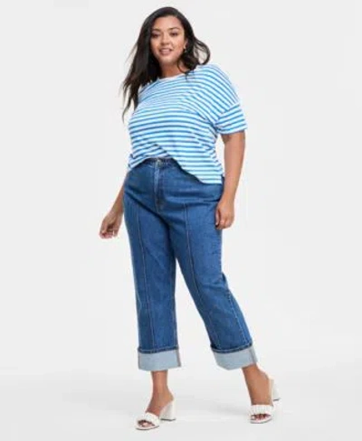 On 34th Trendy Plus Size Striped Easy T Shirt Cuffed Straight Leg Jeans Exclusively At Macys In Dark Wash