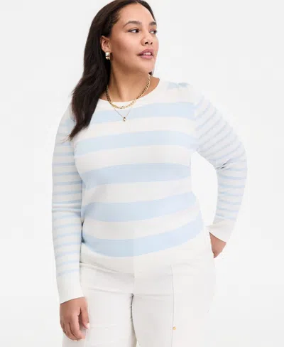 On 34th Trendy Plus Size Striped Long-sleeve Sweater, Macy's Exclusive In Blue