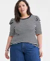 On 34th Trendy Plus Size Striped Puff-shoulder Top, Exclusively At Macy's In Deep Black