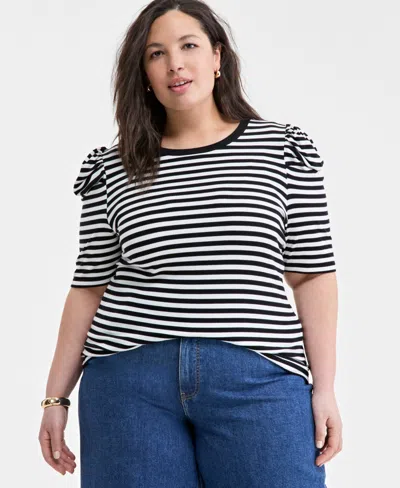 On 34th Trendy Plus Size Striped Puff-shoulder Top, Exclusively At Macy's In Deep Black