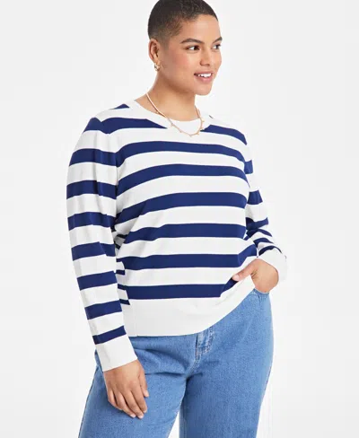 On 34th Trendy Plus Size Striped Pullover Sweater, Exclusively At Macy's In Navy Combo