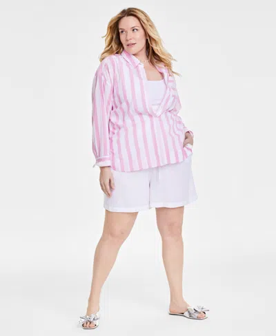 On 34th Trendy Plus Size Striped Shirt, Created For Macy's In Pink Lilac Combo