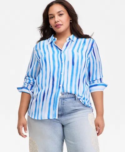 On 34th Trendy Plus Size Striped Shirt, Macy's Exclusive In White