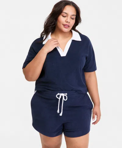 On 34th Trendy Plus Size Terry Collared Top, Macy's Exclusive In Blue