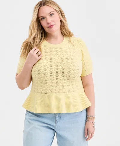 On 34th Trendy Plus Size Textured Short-sleeve Peplum Sweater, Macy's Exclusive In Yellow