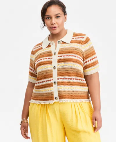 On 34th Trendy Plus Size Textured Stripe Collared Cardigan, Macy's Exclusive In Serene Ivory Co