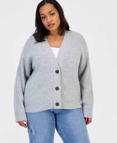 On 34th Trendy Plus Size Three-button V-neck Cardigan, Macy's Exclusive In Light Grey Hthr