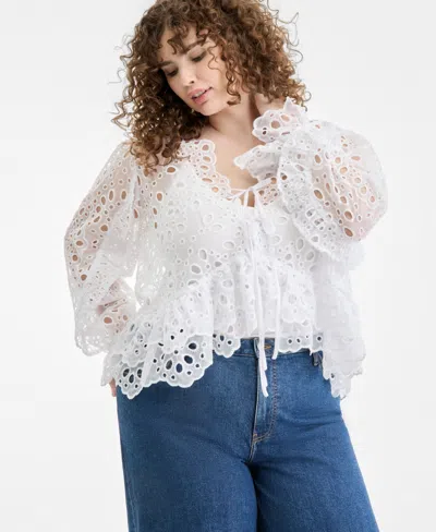 On 34th Trendy Plus Size Tie-front Cut-work Blouse, Macy's Exclusive In White