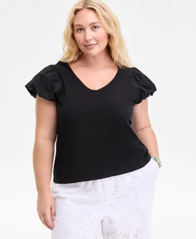 On 34th Trendy Plus Size U-neck Short-puff-sleeve Cotton Top, Exclusively At Macy's