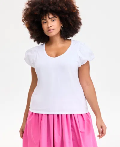 On 34th Trendy Plus Size U-neck Short-puff-sleeve Cotton Top, Exclusively At Macy's In White