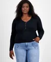 On 34th Trendy Plus Size V-neck Henley Shirt, Macy's Exclusive In Black