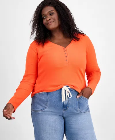 On 34th Trendy Plus Size V-neck Henley Shirt, Macy's Exclusive In Orange