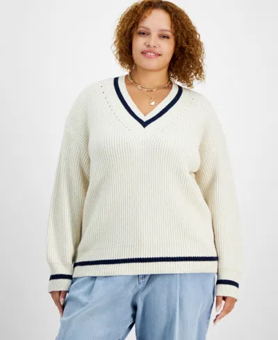 On 34th Trendy Plus Size V-neck Tipped Sweater, Created For Macy's In Natural Oat Heather