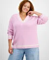 On 34th Trendy Plus Size V-neck Tipped Sweater, Created For Macy's In Pink Lilac