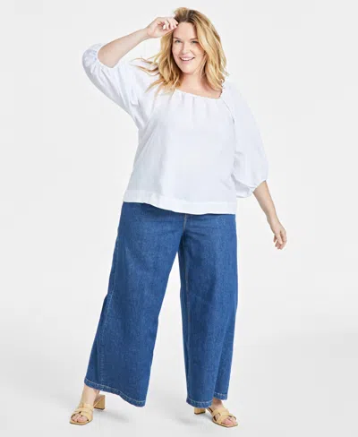 On 34th Trendy Plus Size Linen-blend Volume-sleeve Top, Created For Macy's In Bright White