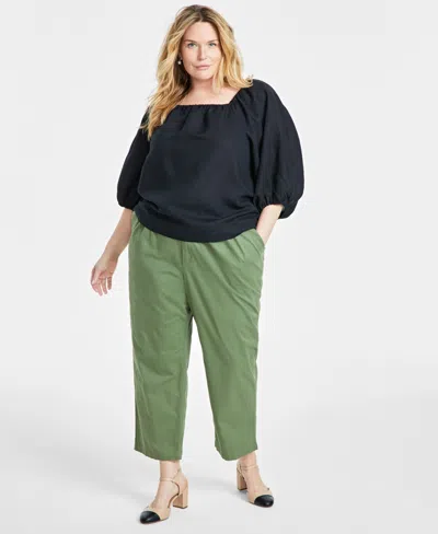 On 34th Trendy Plus Size Linen-blend Volume-sleeve Top, Created For Macy's In Deep Black