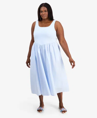 On 34th Trendy Plus Size V-waist Mixed-media Midi Dress, Macy's Exclusive In Blue