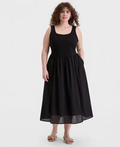 On 34th Trendy Plus Size V-waist Mixed-media Midi Dress, Macy's Exclusive In Black
