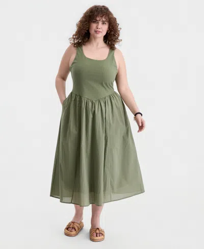 On 34th Trendy Plus Size V-waist Mixed-media Midi Dress, Macy's Exclusive In Green