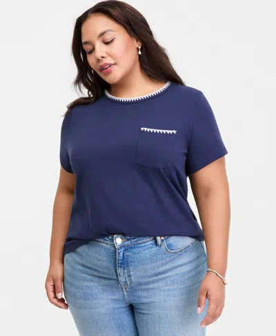 On 34th Trendy Plus Size Whipstitched Pocket T-shirt, Macy's Exclusive In Blue